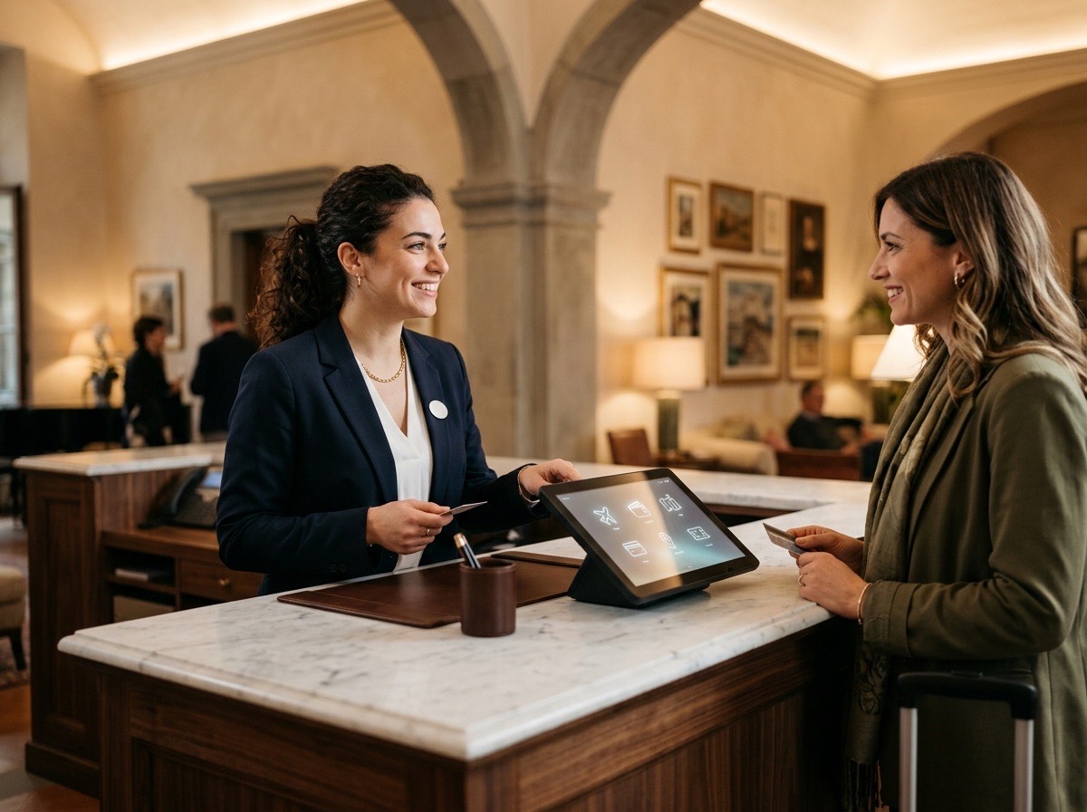 Reception hotel elegante con terminale concierge Sagres Engage
